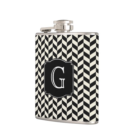 Black Herringbone Chevron Pattern met monogram Heupfles (Links)