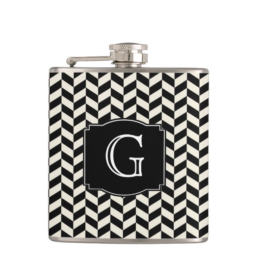 Black Herringbone Chevron Pattern met monogram Heupfles (Voorkant)