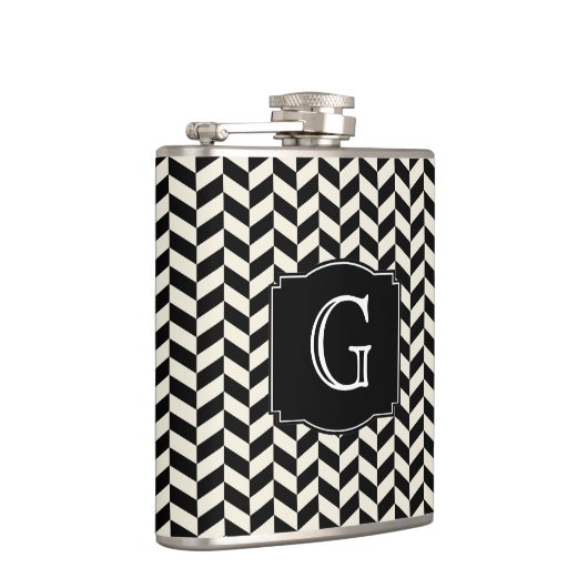 Black Herringbone Chevron Pattern met monogram Heupfles (Rechts)