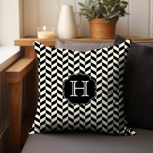 Black Herringbone Chevron Pattern met monogram Kussen