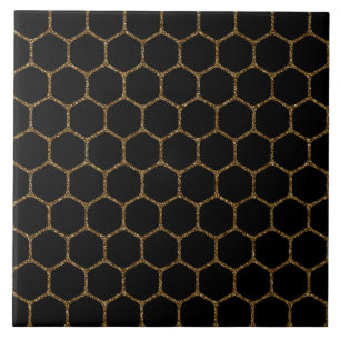 Black Hexagon Pattern in Gold Glitter Lijst Tegeltje