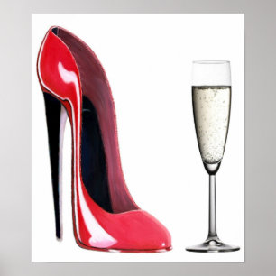 Black Hiel Red Stiletto Shoe and Champagne Print