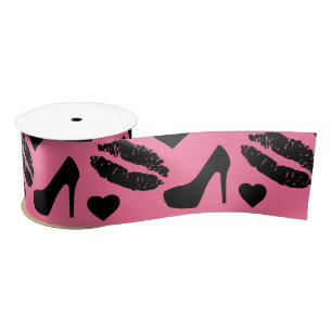 Black High Heels Kisses Lips Girly Makeup Hearts Satijnen Lint