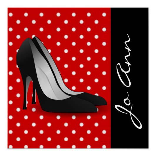 Black High Heels Red White Polka Dot Pattern Poster (Voorkant)