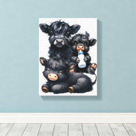 Black Highland Cow Reading A Book Canvas Afdruk
