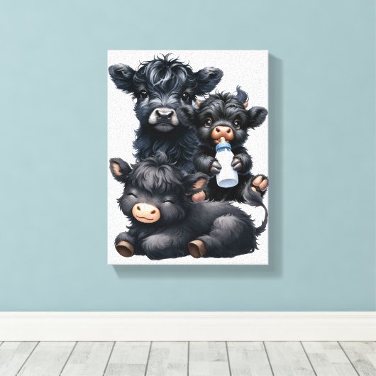 Black Highland Cow Reading A Book Canvas Afdruk (Insitu (Houten vloer))
