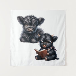 Black Highland Cow Reading A Book Wandkleed