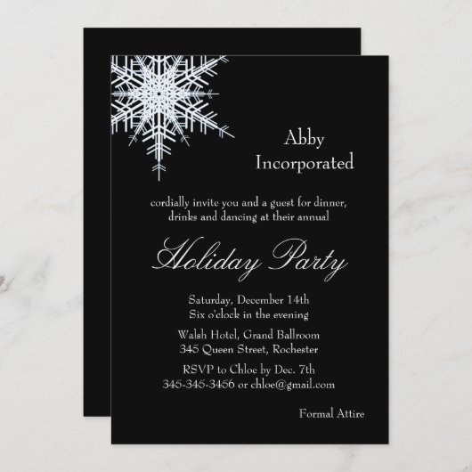 Black Holiday Offset Snowflake Invitation (corp) Kaart (Voorkant / Achterkant)