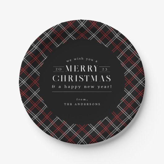 Black Holiday Plaid Christmas Papieren Bordje (Voorkant)