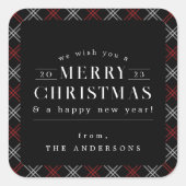 Black Holiday Plaid Christmas Vierkante Sticker (Voorkant)