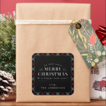Black Holiday Plaid Christmas Vierkante Sticker<br><div class="desc">Black Holiday Plaid Kerst stickers. Witte typografie op zwarte achtergrond met coördinerende vakantie geruite patroonrand.</div>