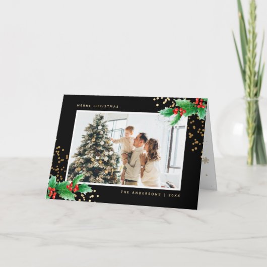 Black Holly Berries Photo Merry Christmas Card Feestdagen Kaart (Voorkant)