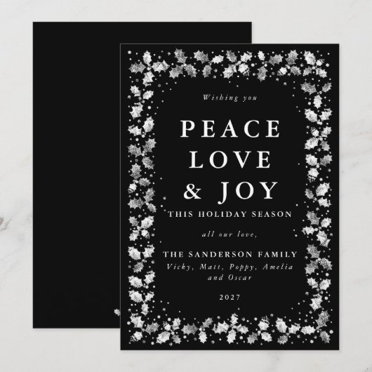 Black Holly Peace Love + Joy Feestdagenkaart (Voorkant / Achterkant)