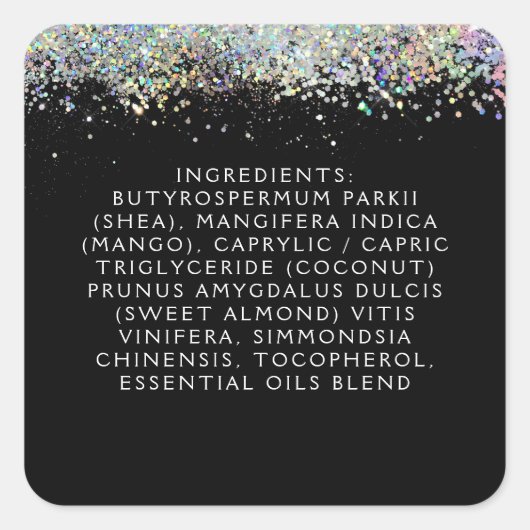Black Holographic Glitter Skin Care Ingredients Vierkante Sticker (Voorkant)
