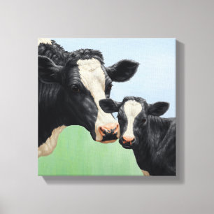 Black Holstein Koe & Cute Calf Canvas Afdruk