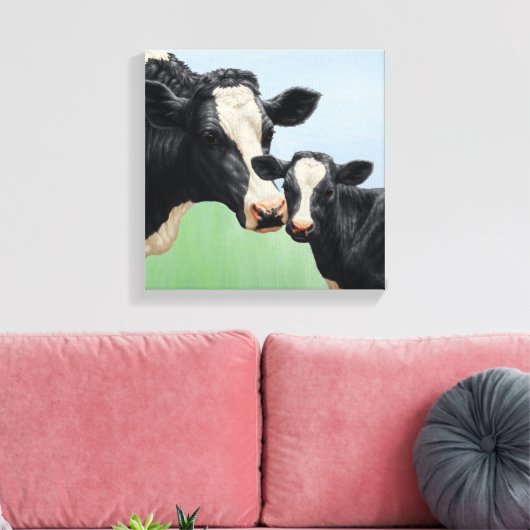 Black Holstein Koe & Cute Calf Canvas Afdruk (Insitu (Woonkamer))