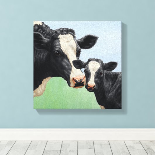 Black Holstein Koe & Cute Calf Canvas Afdruk (Insitu (Houten vloer))
