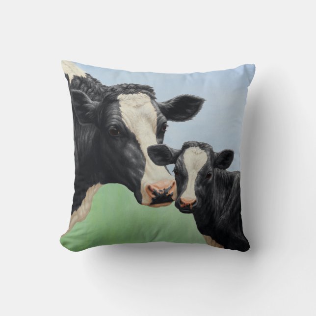 Black Holstein Koe & Cute Calf Kussen (Voorkant)