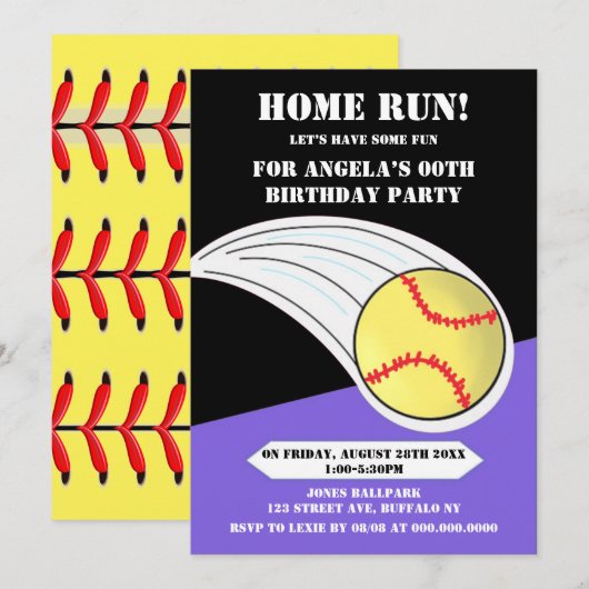 Black Home Run Softball Birthday Party (Voorkant / Achterkant)