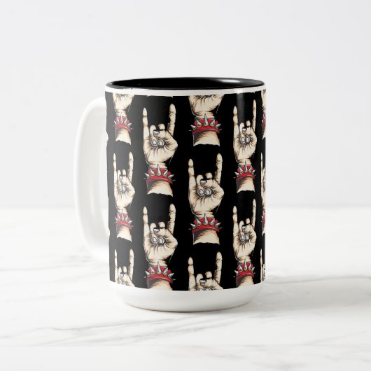 Black Horns Up Pattern Tweekleurige Koffiemok (Voorkant links)