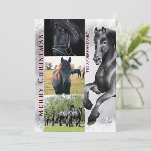 Black Horse 3 PHOTO Snowy Merry Kerstmis Feestdagenkaart (Staand voorkant)