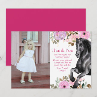 Black Horse and Pink Flowers Foto Birthday Bedankkaart