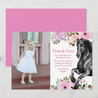 Black Horse and Pink Flowers Foto Birthday Bedankkaart