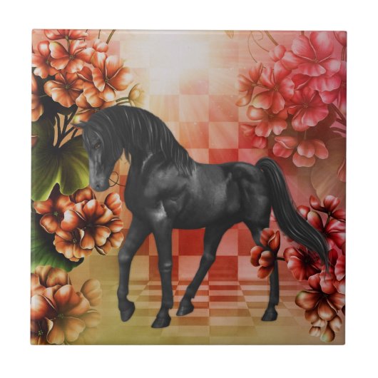 Black Horse Fantasy Flowers Animal Tegeltje (Voorkant)