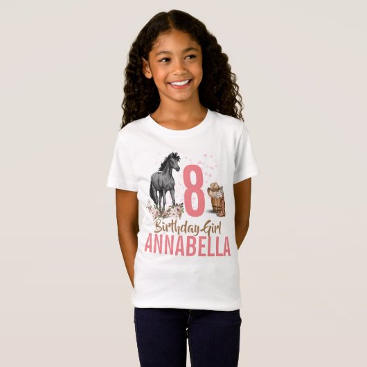Black Horse floral Birthday Girls T-shirt (Voorkant volledig)