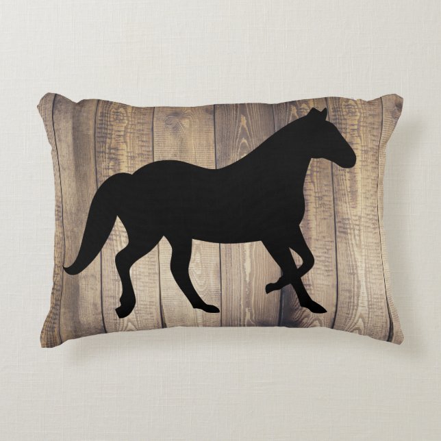 Black Horse Silhouette & Rustic Wood Planks Accent Kussen (Voorkant)
