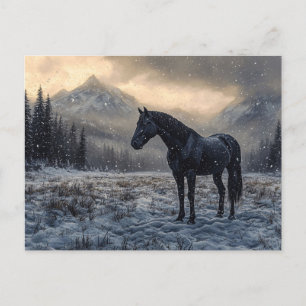 Black Horse Snowy Landscape Schilderachtig Briefkaart