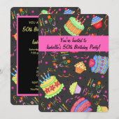Black Hot Pink Cake 50th Birthday Kaart (Voorkant / Achterkant)