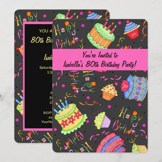 Black Hot Pink Cake 70th Birthday Kaart (Voorkant / Achterkant)