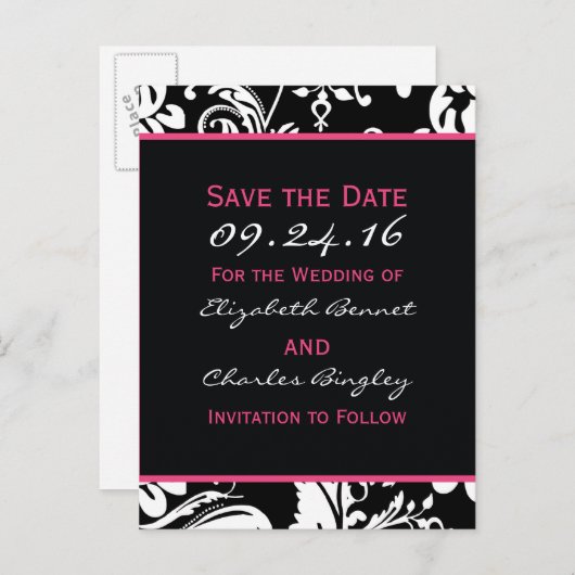 Black & Hot Pink Contemporary Bewaar de datum bree Aankondigingskaart (Voorkant / Achterkant)