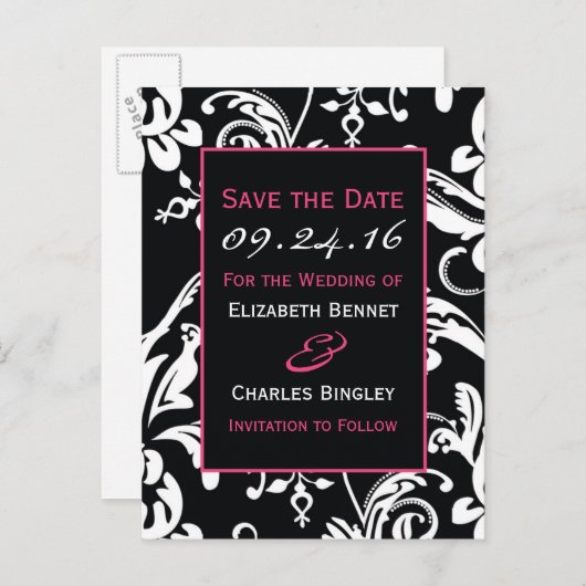 Black & Hot Pink Contemporary Custom Save the Date Aankondigingskaart (Voorkant / Achterkant)