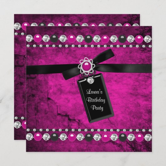 Black Hot Pink Girls Verjaardagsfeestje Kaart (Voorkant / Achterkant)