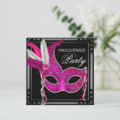 Black Hot Pink Masquerade Party Kaart (Staand voorkant)