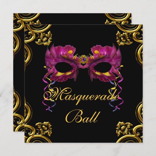 Black Hot Pink Masquerade Party Uitnodigingen (Voorkant / Achterkant)