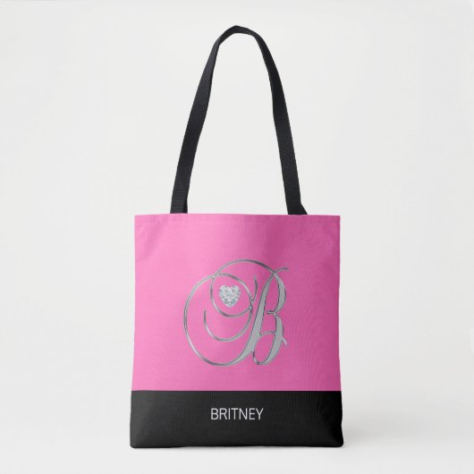 Black HOT PINK Monogramed Letter Initiaal B Tote Bag (Voorkant)