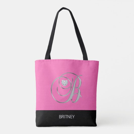 Black HOT PINK Monogramed Letter Initiaal B Tote Bag (Achterkant)
