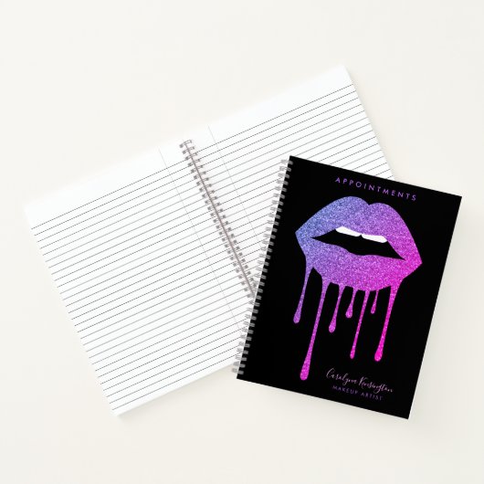 Black Hot Pink Purple Dripping Glitter Lips Makeup Notitieboek (Binnen)