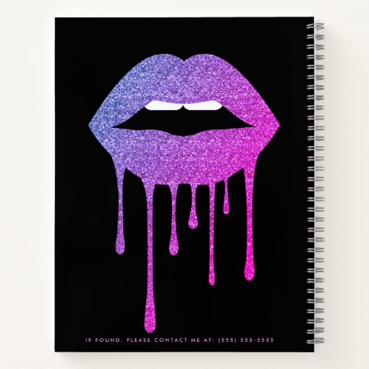 Black Hot Pink Purple Dripping Glitter Lips Makeup Notitieboek (Achterkant)