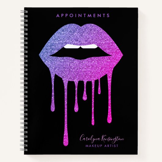 Black Hot Pink Purple Dripping Glitter Lips Makeup Notitieboek (Voorkant)