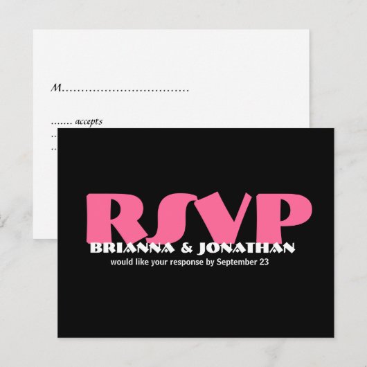 Black & Hot Pink RSVP Wedding Response Briefkaart (Voorkant / Achterkant)
