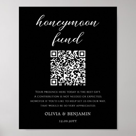 Black | Huwelijksreis Fonds QR Code Trouwbord Poster (Voorkant)