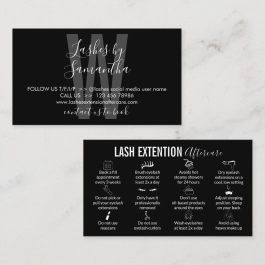 Black Icon Lash Extension Natercare Instruction Visitekaartje (Voorkant / Achterkant)