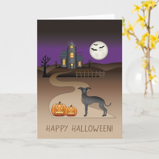 Black Iggy Cute Dog en Halloween Hauned House Kaart (Gele Bloem)