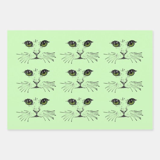 Black Illustrations Cat Faces Green Eyes Whiskers Inpakpapier Vel (Voorkant)