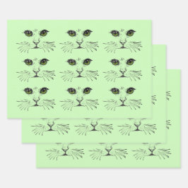 Black Illustrations Cat Faces Green Eyes Whiskers Inpakpapier Vel