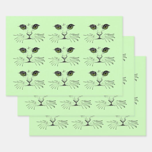 Black Illustrations Cat Faces Green Eyes Whiskers Inpakpapier Vel (Set)